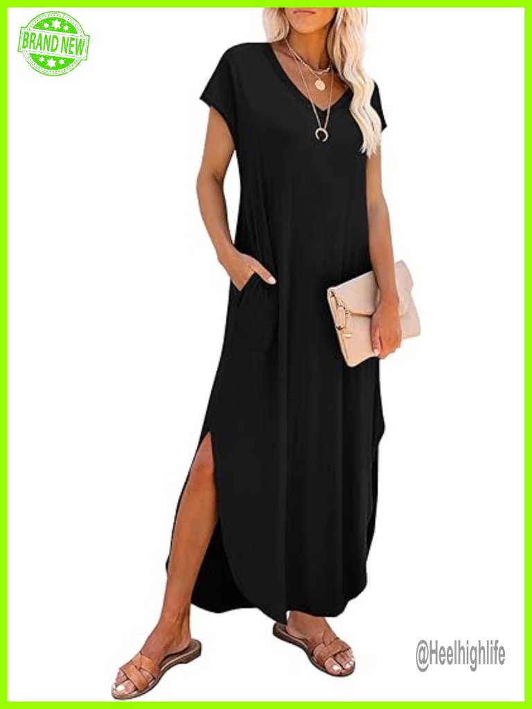 V-Neck Cap Sleeve Maxi Dress With Pockets